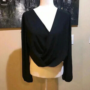 Iris Long Sleeve Sheer Cross Front Crop Top with Puffed Sleeves Elastic Back-M